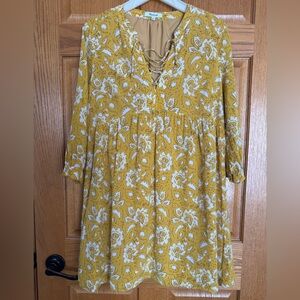 Madewell Silk Floral Lace Up Neck Dress Size Large Boho Mustard Yellow